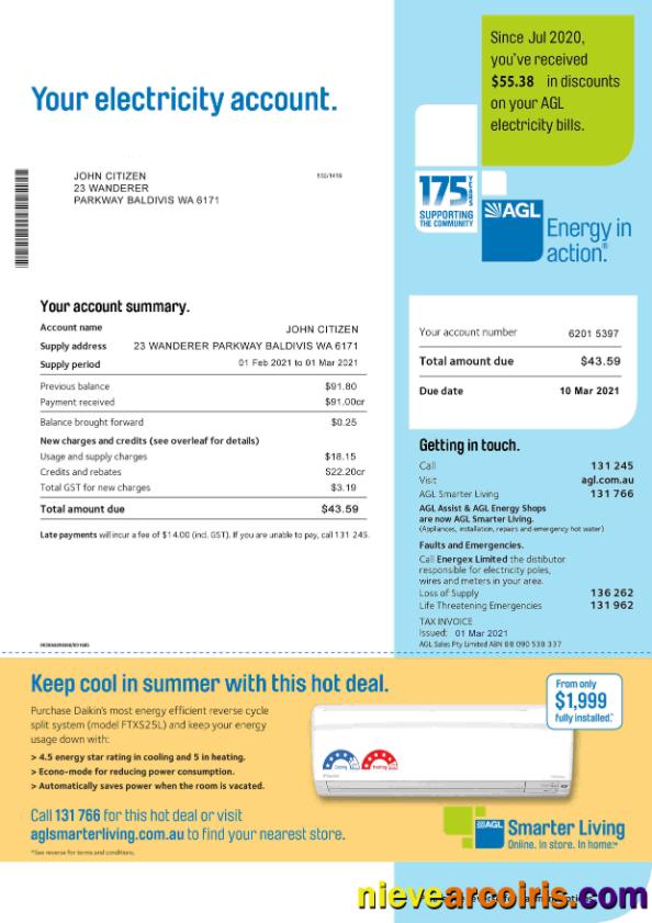 Australia AGL electricity utility bill